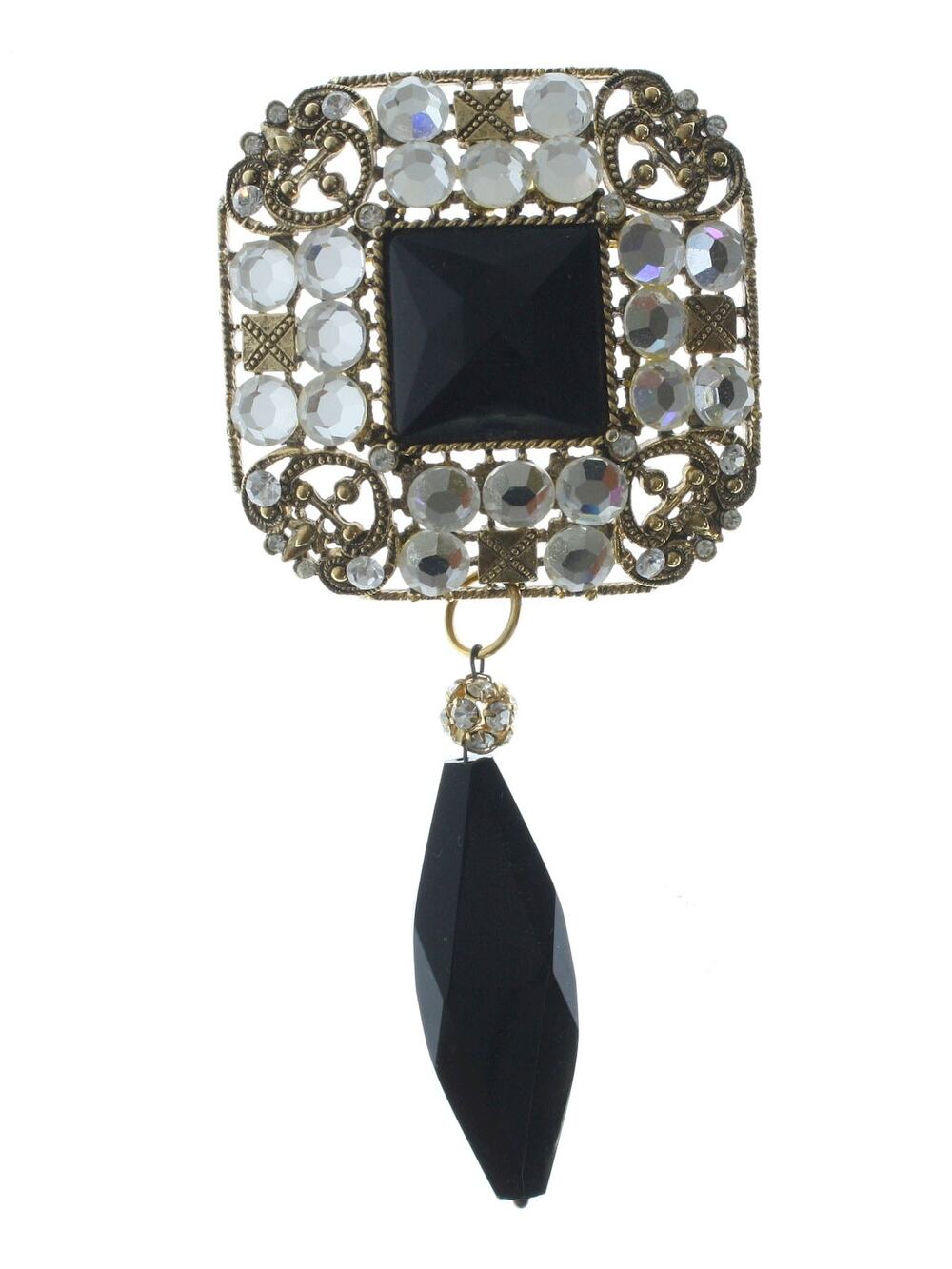 Vintage 1950s Brooch Black Glass Rhinestone Dangle Brass Tone Statement